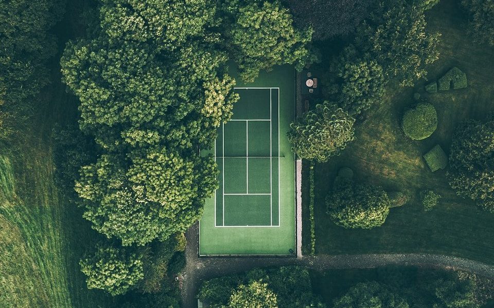 aerial photo of tennis court surrounded with trees